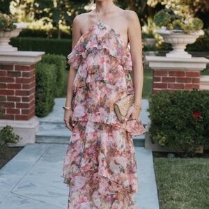 Lulus Melody Pink Floral Tiered Halter Maxi Dress - Size S
